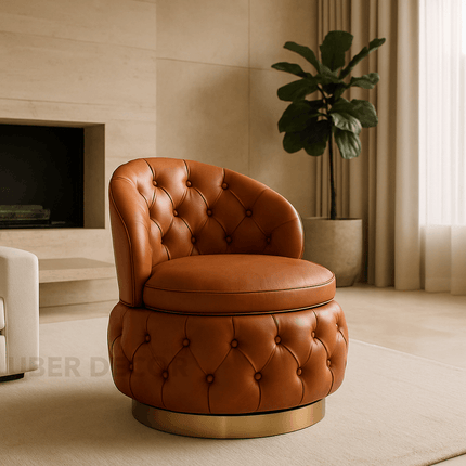 Lyssara- 360 Degree Swivel Tufted Barrel Accent Chair with Round Base, Curved Back and Storage Space