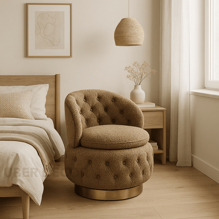Lyssara- 360 Degree Swivel Tufted Barrel Accent Chair with Round Base, Curved Back and Storage Space