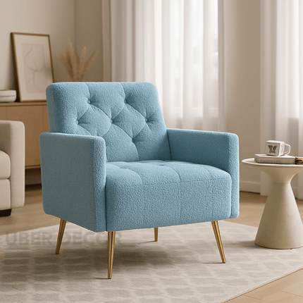 Sherpa-LUXE Modern Accent Chair – Upholstered Tufted Armchair with Gold Steel Legs for Living Room Comfort