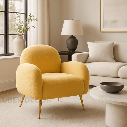 Reysha Cozy Accent Chair – Curvy Upholstered Single Arm Chair with Golden Legs
