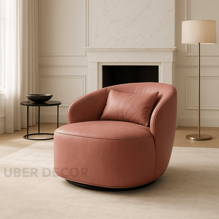 Lynea Accent Chair- 33" Wide Upholstered 360 Revolving Swivel Barrel Chair with Backrest Pillow