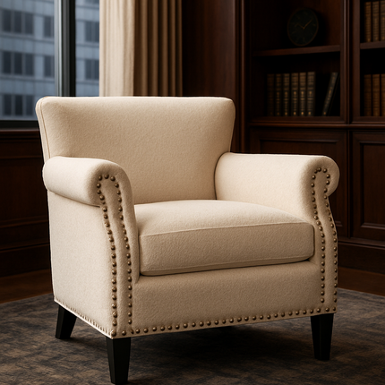 Averra Accent Chair- Traditional Faux Leather Barrel Style Embellished Armchair with Wooden Legs