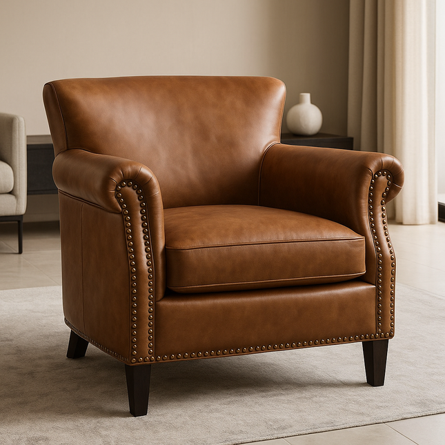 Averra Accent Chair- Traditional Faux Leather Barrel Style Embellished Armchair with Wooden Legs