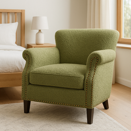 Averra Accent Chair- Traditional Faux Leather Barrel Style Embellished Armchair with Wooden Legs