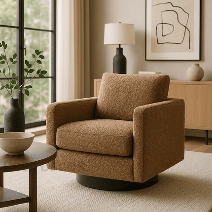 Kiana- Upholstered Swivel Armchair With Wooden Base - Square Accent Chair for Bedroom or Living Room