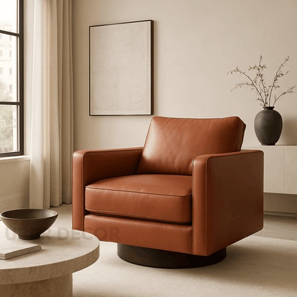 Kiana- Upholstered Swivel Armchair With Wooden Base - Square Accent Chair for Bedroom or Living Room