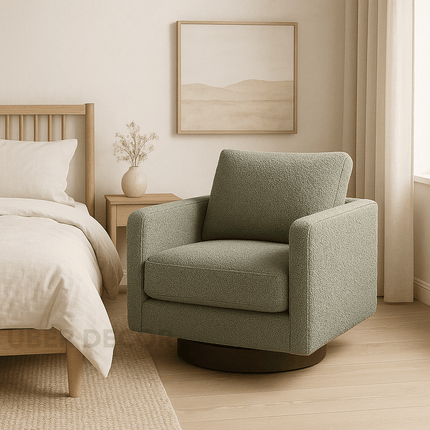 Kiana- Upholstered Swivel Armchair With Wooden Base - Square Accent Chair for Bedroom or Living Room
