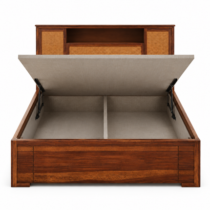 CaneHaven Japandi Wabi-Sabi Rattan Panel Platform Bed – Customisable Wooden Bed for Modern Indian Homes