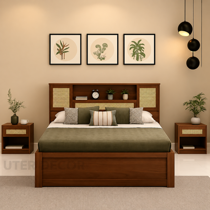 CaneHaven Japandi Wabi-Sabi Rattan Panel Platform Bed – Customisable Wooden Bed for Modern Indian Homes