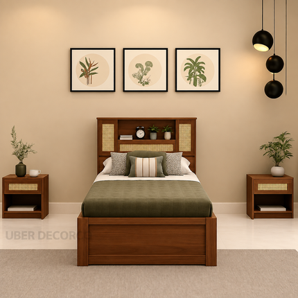 CaneHaven Japandi Wabi-Sabi Rattan Panel Platform Bed – Customisable Wooden Bed for Modern Indian Homes