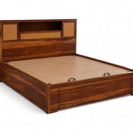 CaneHaven Japandi Wabi-Sabi Rattan Panel Platform Bed – Customisable Wooden Bed for Modern Indian Homes