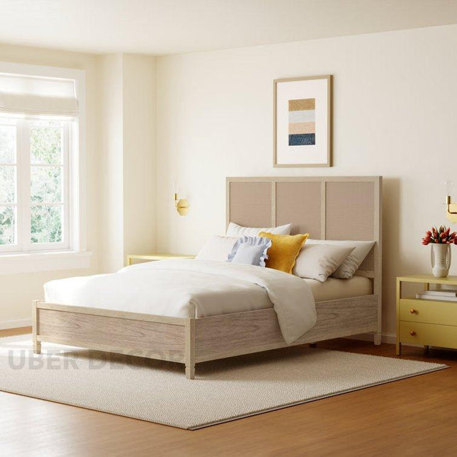 AshAura Scandinavian Contemporary Rattan Platform Customisable Bed for Minimalist Bedrooms - Uber Decor