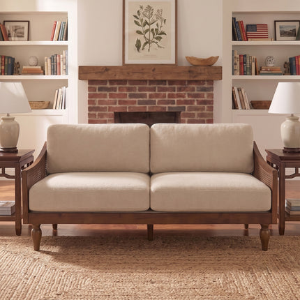 Fermo rustic modern cane-panel wooden sofa – customisable size and wood finish, made to order India