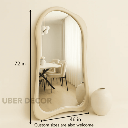 Claribel Wavy Ivory Teak Floor Mirror – Sculptural Full-Length Statement Piece