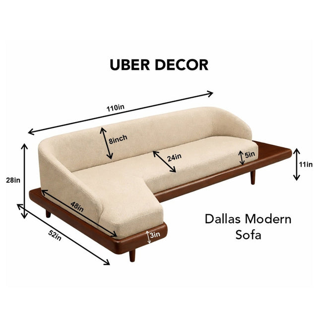 Dallas 4- Seater Modern Sectional Sofa – In Stock Off-White Suede Velvet Couch with Wooden Base & Chaise