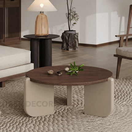 Purus Functional Mid Century Modern Japandi Coffee Table with Scandinavian Round Wooden Top and Wooden Base