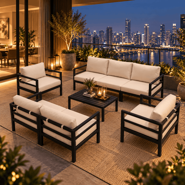 Deckaro Modular Sofa & Chair Set with Slatted Coffee Table Contemporary Outdoor Seating for Decks, Patios & Open Courtyards