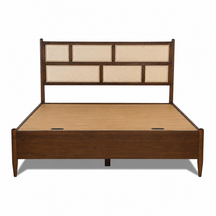 ElmWeave Scandinavian Wabi-Sabi Rattan Platform Bed – Japandi Customisable Wooden Bed for Urban Bedrooms