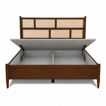ElmWeave Scandinavian Wabi-Sabi Rattan Platform Bed – Japandi Customisable Wooden Bed for Urban Bedrooms