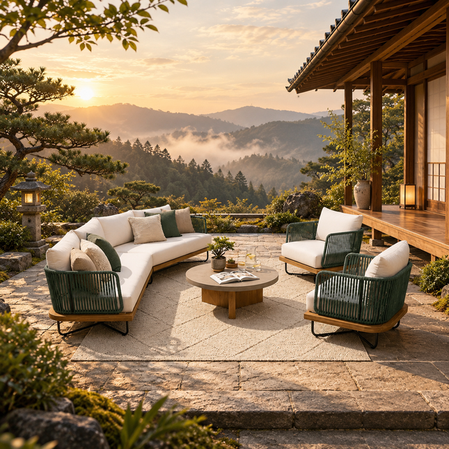Evergreen Bay Teak Rope Outdoor Sofa Set, Garden Patio Conversation Lounge Set, Scandinavian Boho Terrace Poolside Seating