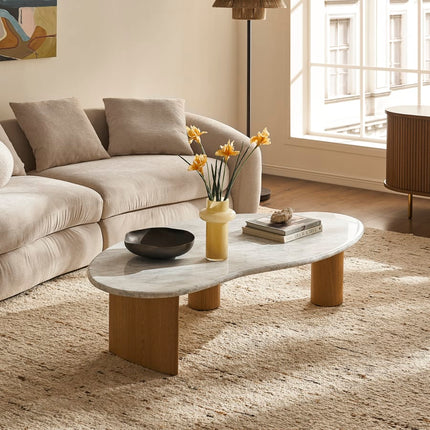 Tangon Functional Mid Century Modern Japandi Coffee Table Scandinavian Organic Freeform Marble Top Wooden Block Legs Center Table for Living Room