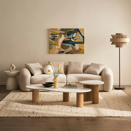 Tangon Functional Mid Century Modern Japandi Coffee Table Scandinavian Organic Freeform Marble Top Wooden Block Legs Center Table for Living Room