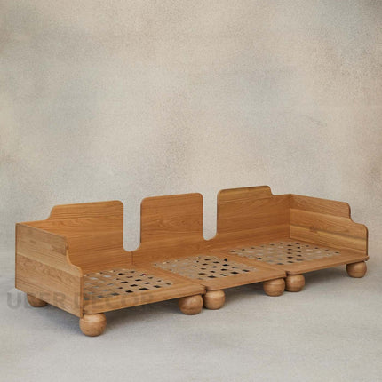 Medford 3-Seater Sculptural Sofa Modern Wooden Base Couch with Oversized Sphere Legs