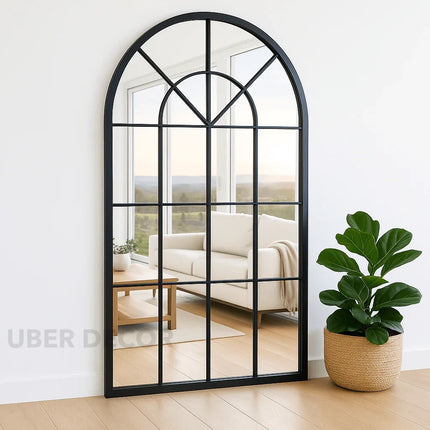 French Arch Oversized Window Style Mirror - Full-Length Arched Metal Frame Mirror - Uber Decor