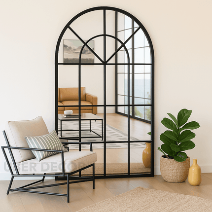 French Arch Oversized Window Style Mirror - Full-Length Arched Metal Frame Mirror