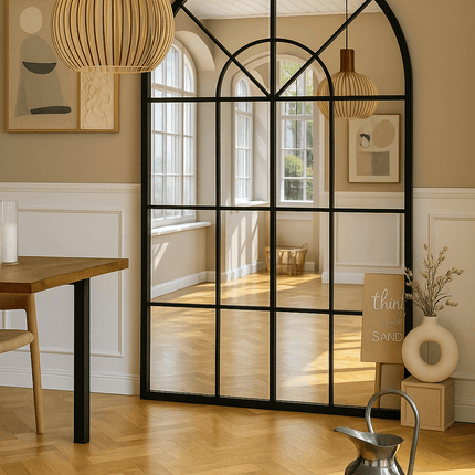 French Arch Oversized Window Style Mirror - Full-Length Arched Metal Frame Mirror