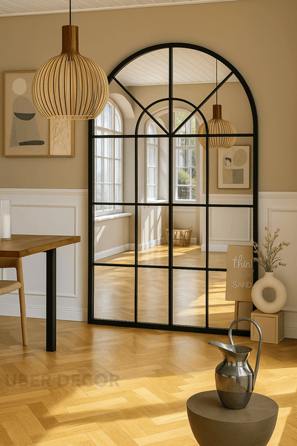 French Arch Oversized Window Style Mirror - Full-Length Arched Metal Frame Mirror