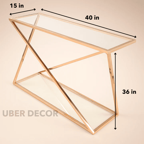 Velmara Luxe Modern Console Table – Dual Glass Shelves with Sculptural Rose Gold Geometric Frame for Hallway or Living Room - Uber Decor
