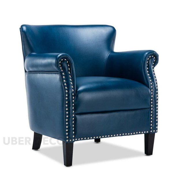 Averra Accent Chair- Traditional Faux Leather Barrel Style Embellished Armchair with Wooden Legs - Uber Decor