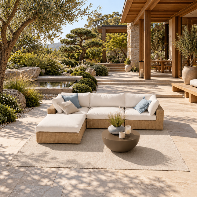 Garden Aura Rattan Wicker Sectional Outdoor Sofa Set, Patio Conversation Chaise Lounge, Poolside Garden Terrace Porch Backyard Furniture