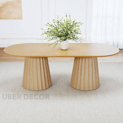 Cora Linea Oval 6 Seater Dining Table Modern European Design Natural Oak Fluted Dual Pedestal Base Ideal for Dining Room - Uber Decor