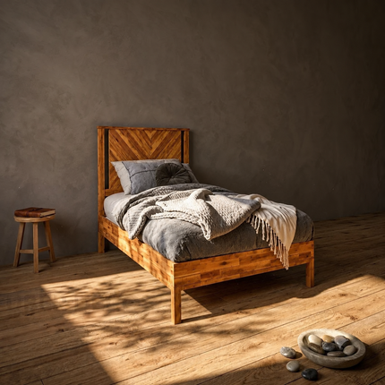 GrainMuse Wood Platform Bed – Chevron Headboard with Natural Character