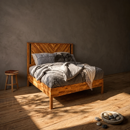 GrainMuse Wood Platform Bed – Chevron Headboard with Natural Character