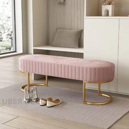 VelvetGleam Bedroom Bench - Upholstered Ottoman with Golden Legs - Extra-Long Footrest for End of Bed & Entryway