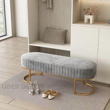 VelvetGleam Bedroom Bench - Upholstered Ottoman with Golden Legs - Extra-Long Footrest for End of Bed & Entryway