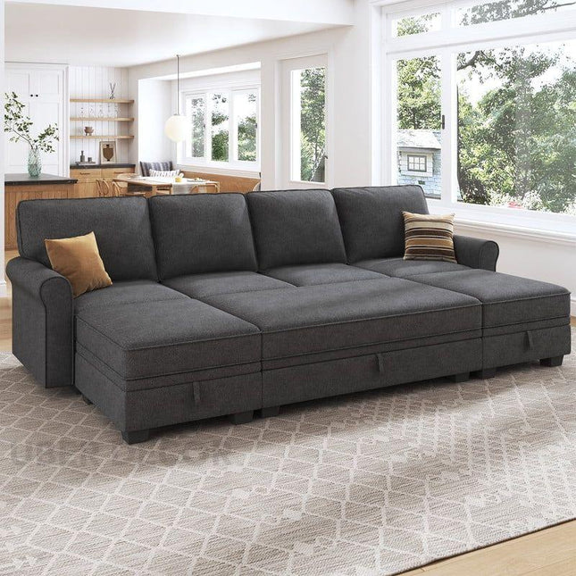 Capri Sleeper Sectional Sofa- 4 Seater Convertible Sofa Bed with Storage Seat for Living Room and Home Office, Dark Grey - Uber Decor