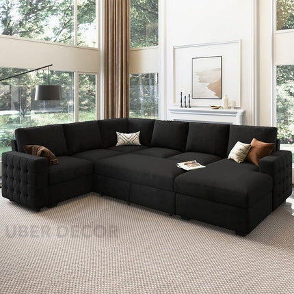 Florence Sectional Sleeper Sofa- 6 Seater Convertible Sofa with Pull-Out Bed with Storage for Living Room and Guest Bedroom - Uber Decor