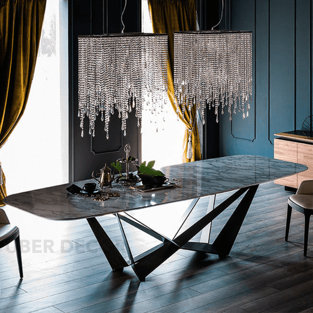 Zavion Rectangular Dining Table Contemporary Architectural Design Marble Tabletop Metal Base for Dining Room, Living Room or Dining Hall