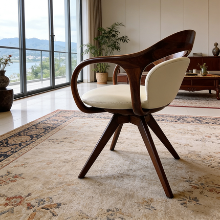 Calen Modern Teak Wood Swivel Armchair with Curved Back and Padded Seat for Dining Room