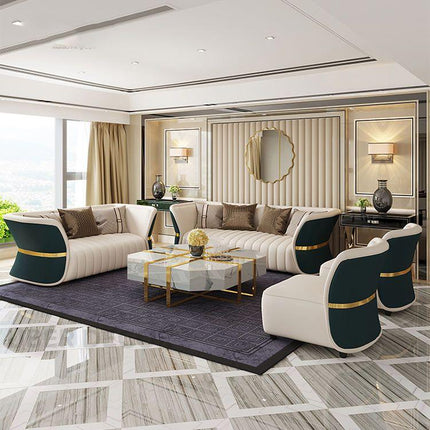 Medan Luxury Modern Sofa Set for Living Room with Golden Accents and Dual Tone Upholstery Customisable Designer Sofa