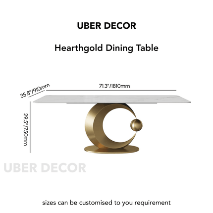 Hearthgold Embrace Luxury Marble Finish Dining Table with Sculptural Gold Metal Base Modern European Contemporary Design for Formal Dining Room