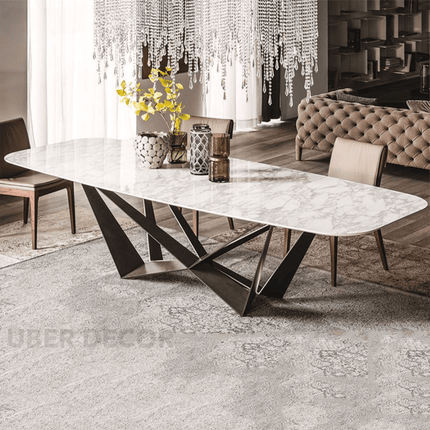 Zavion Rectangular Dining Table Contemporary Architectural Design Marble Tabletop Metal Base for Dining Room, Living Room or Dining Hall