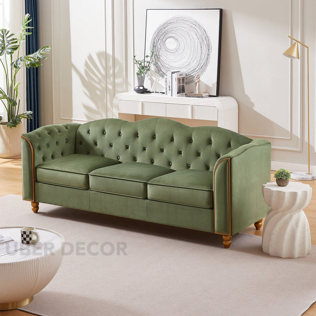 Madrid 78" Sofa -3 Seater Modern Large Upholstered Couch with Tufted Button Curved Back Rest & Golden Wood Legs - Uber Decor