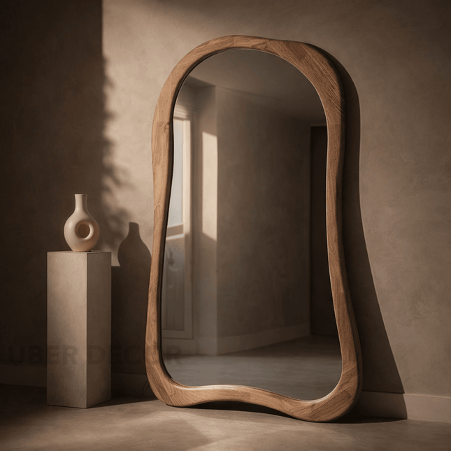 Rowena Wavy Teak Wood Mirror – Sculptural Organic Full-Length Floor Mirror