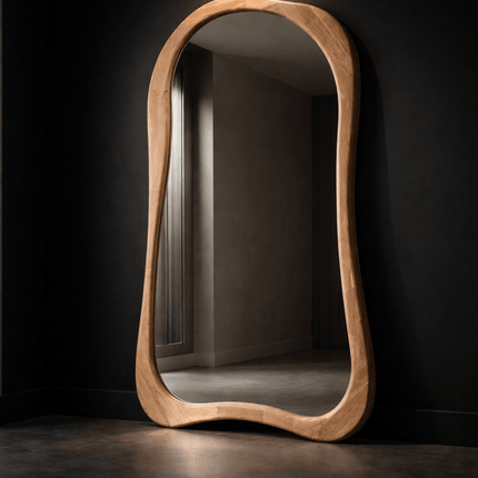 Rowena Wavy Teak Wood Mirror – Sculptural Organic Full-Length Floor Mirror