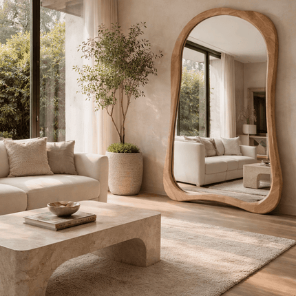 Rowena Wavy Teak Wood Mirror – Sculptural Organic Full-Length Floor Mirror